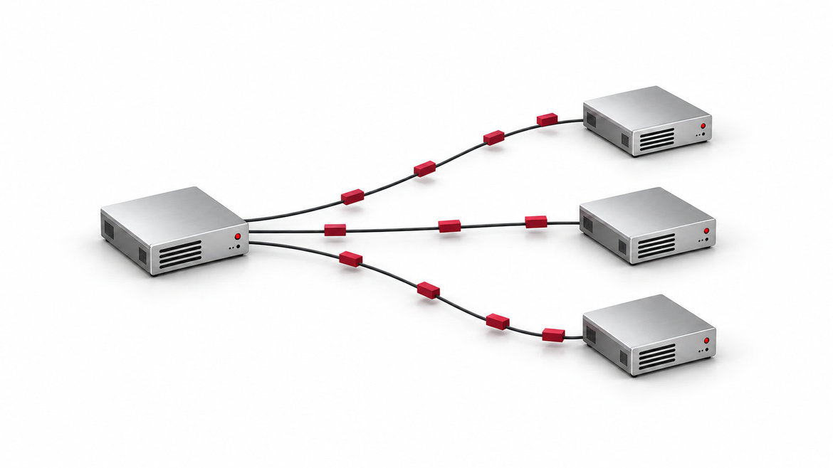 One sender delivers data over three separate connections to three receivers.