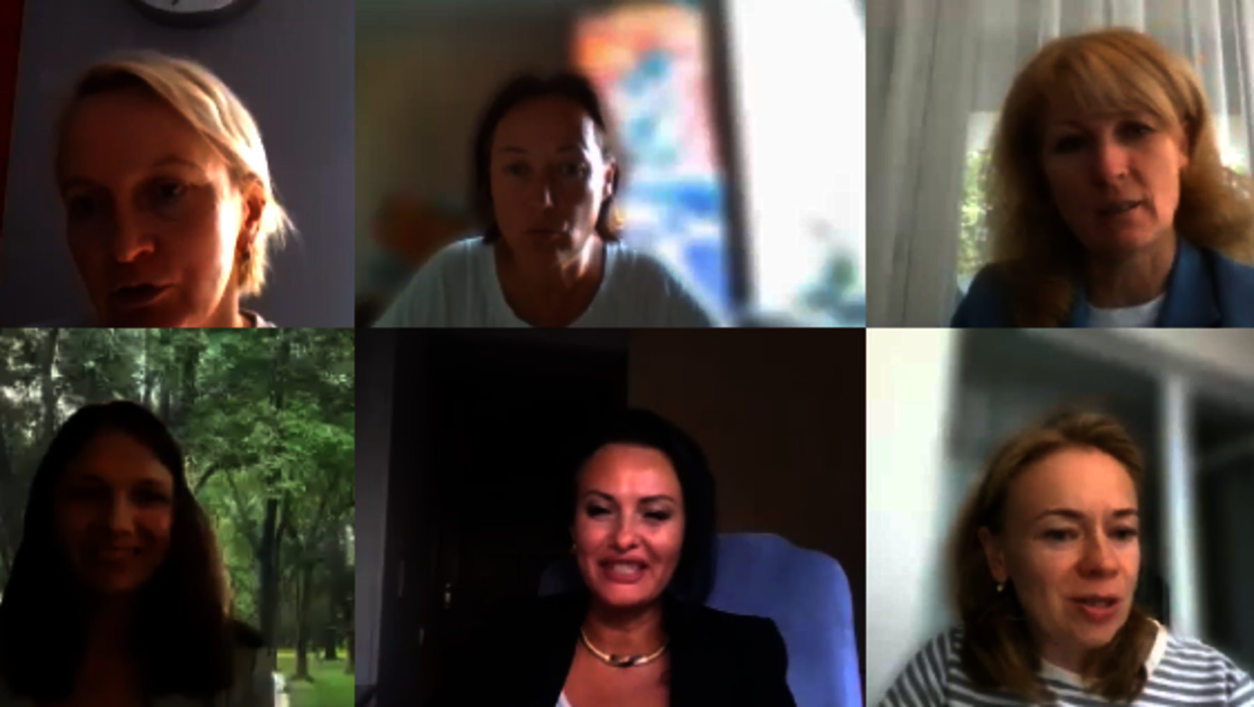 Sechs Personen nehmen an einer Videokonferenz teil, jeweils in unterschiedlichen Hintergründen wie Innenräumen oder Natur. Alle sind von der Brust aufwärts zu sehen und wirken in einem Meeting oder Gespräch engagiert.