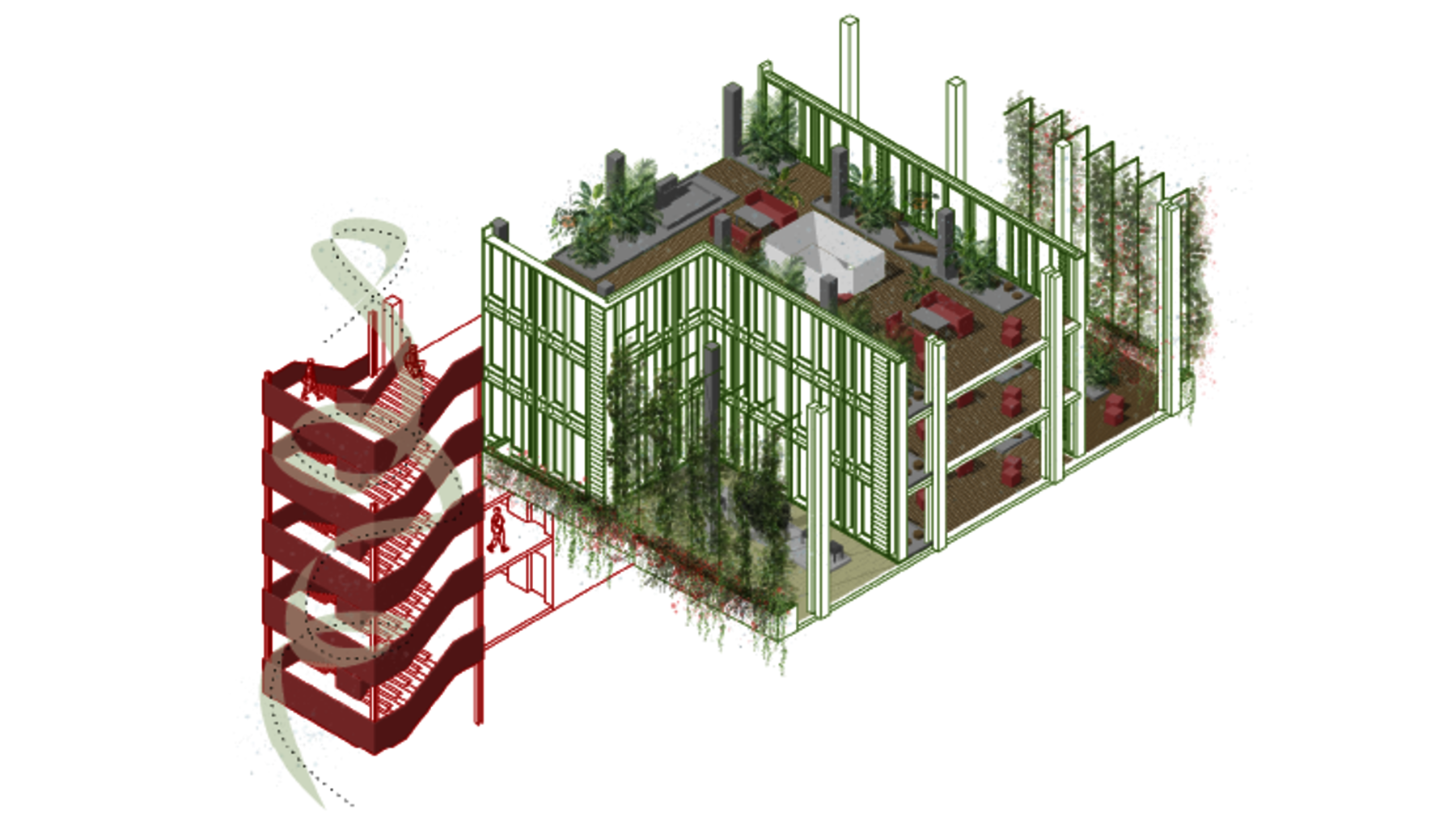 Architektonische Skizze eines mehrstöckigen Gebäudes mit begrüntem Dach und Terrassenbereichen, verbunden durch eine rote Treppe und einen Aufzugsschacht. Im Vordergrund ein schräg geschnittener Gebäudeteil mit rot markiertem Fluchtweg und Notausgang.