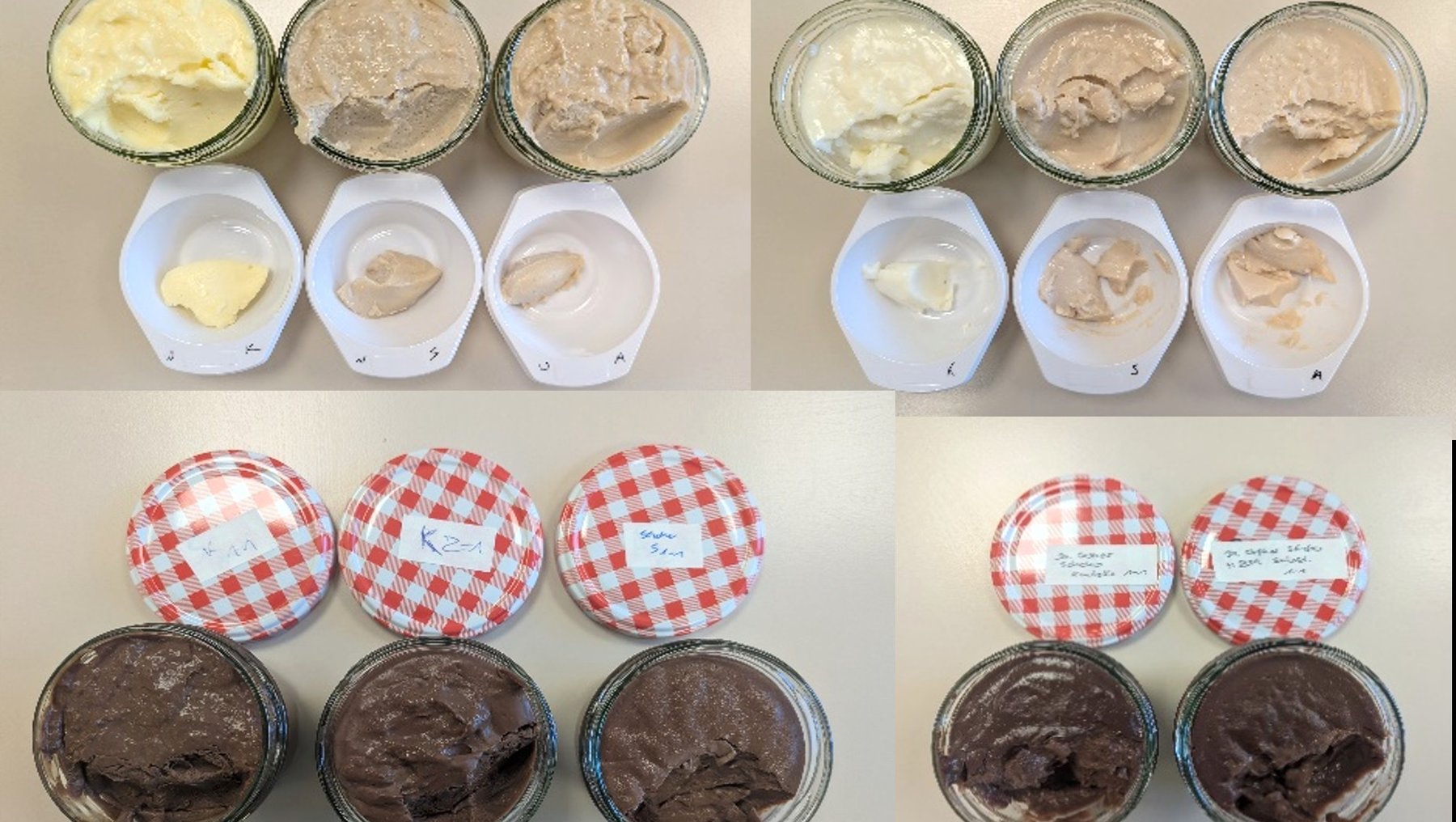 Foto mit Proben verschiedener Puddingsorten in Glasbehältern zeigt Forschung der Hochschule Anhalt zur Verwendung von Hagebuttentrester in Lebensmitteln