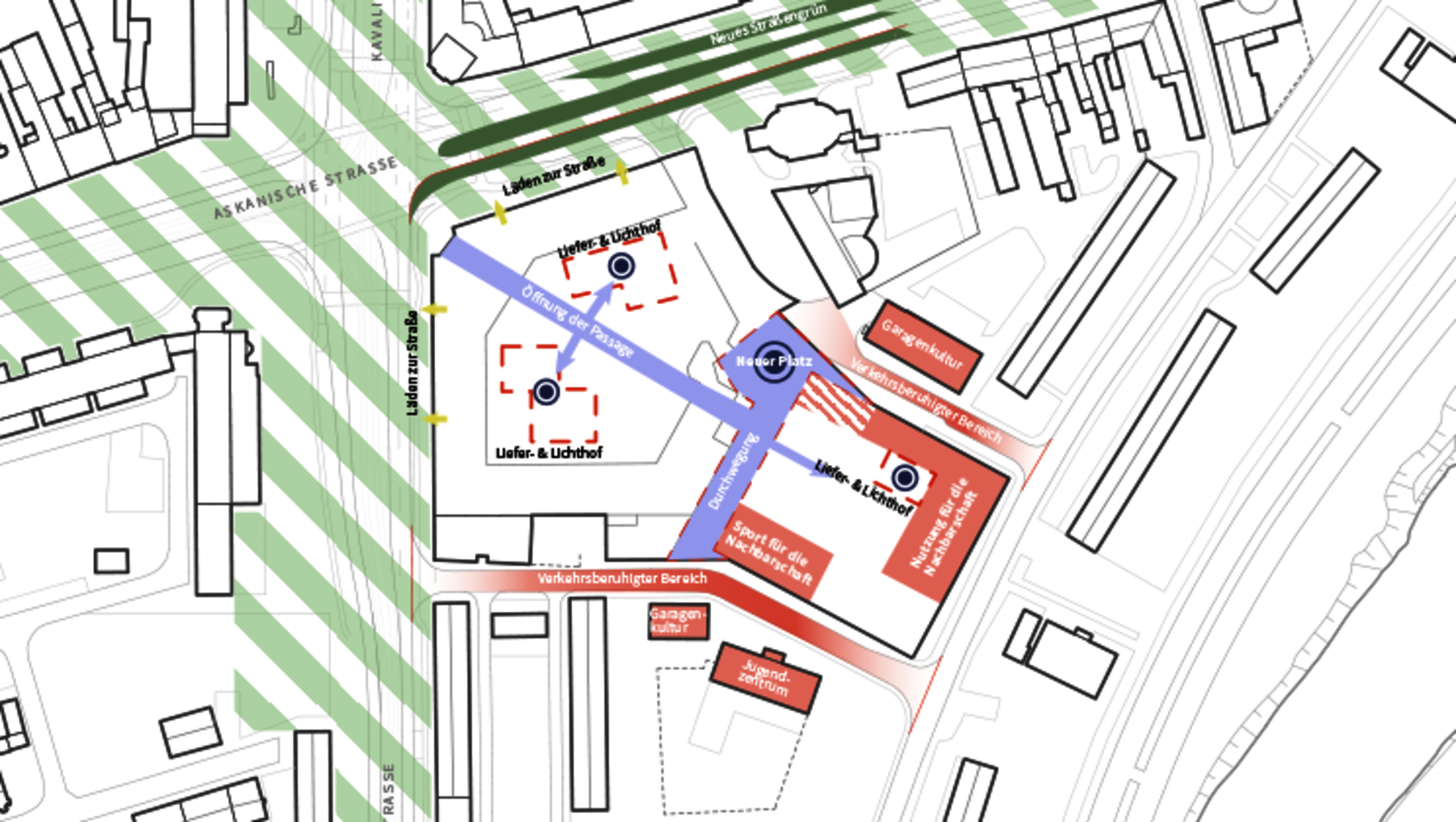 Karte mit markierten Ladezonen für Lieferverkehr in einer Innenstadtlage. Drei rote Bereiche zeigen Ladeflächen für Lieferanten und Carsharing, eine blaue Linie markiert eine Fahrspur für Lieferverkehr. Ein Kreis mit Kreuz symbolisiert eine verkehrsberuhigte Zone.