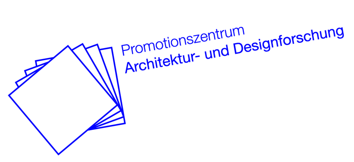 Ein Stapel aus fünf blauen, schematisch dargestellten Blättern oder Dokumenten, daneben der Text „Promotionszentrum Architektur- und Designforschung“.