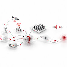 Konzeptillustration zu vernetzten Datenströmen, IoT-Sensorik sowie der Analyse von Flächen-, Sprach- und Bewegungsdaten.