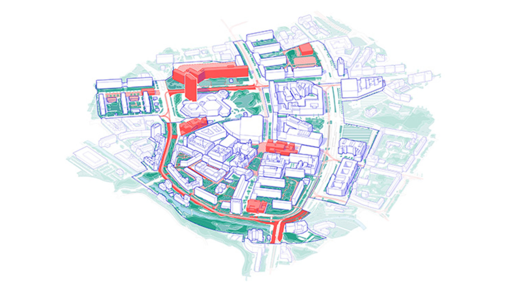 Stadtplan mit markierten Hauptverkehrsachsen in Rot, Grünflächen und Parks in Grün sowie Gebäudestrukturen in Blau und Grau. Im Zentrum ein großer, roter Gebäudekomplex mit angrenzenden Straßen und Fußwegen.