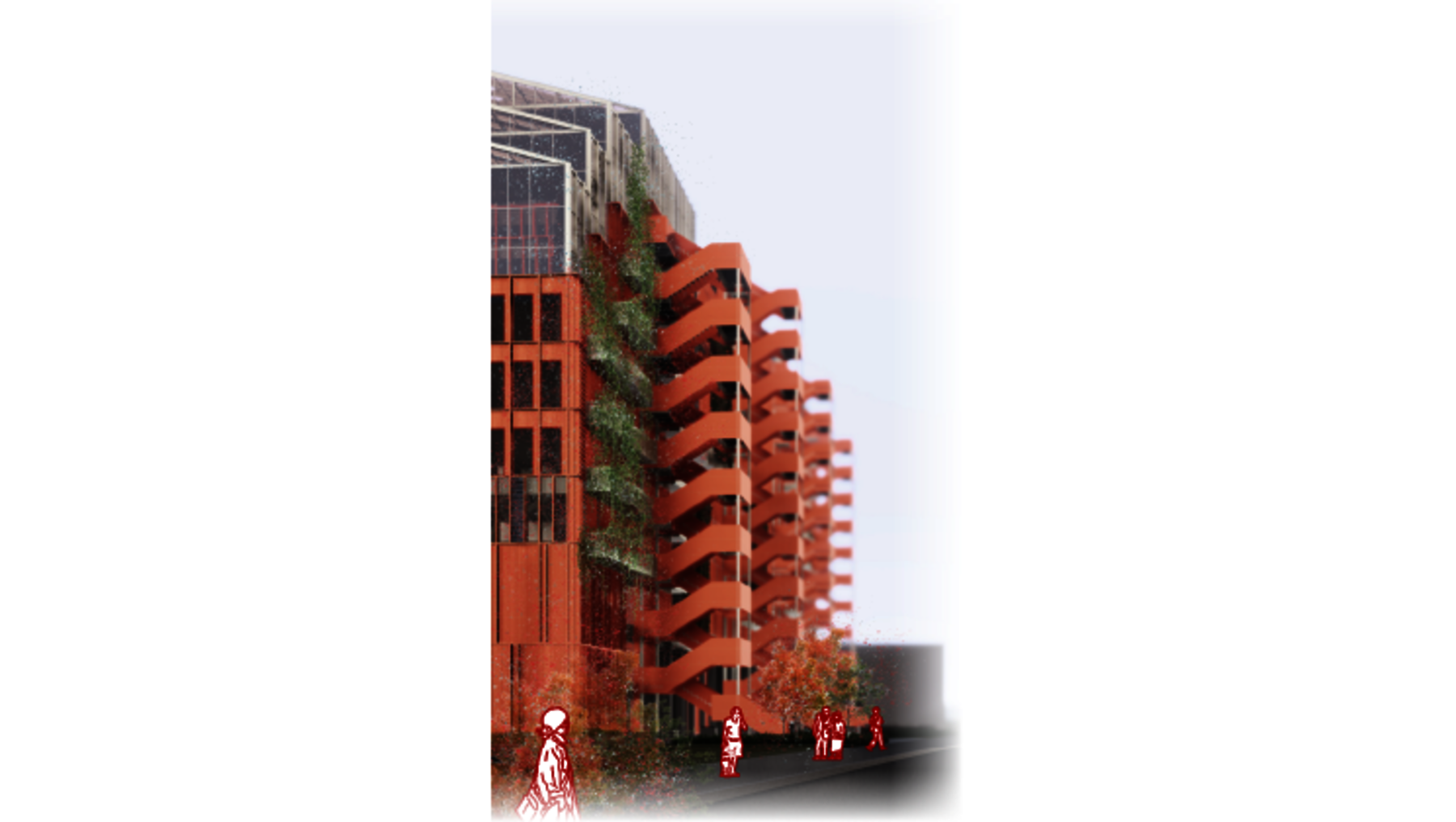 Moderne Hochhausfassade mit vertikaler Begrünung aus Pflanzen, die zwischen roten, horizontalen Balkonen oder Strukturelementen wächst. Das Gebäude wirkt durch die Naturintegration lebendig und nachhaltig gestaltet.