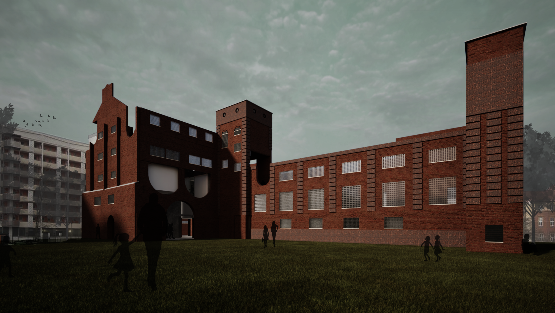 Großes, rotes Backsteingebäude mit markanten, hohen Schornsteinen und großen Fensterflächen. Im Vordergrund eine offene, grasbewachsene Fläche mit wenigen Personen, die sich bewegen. Architektur wirkt industriell und modern.