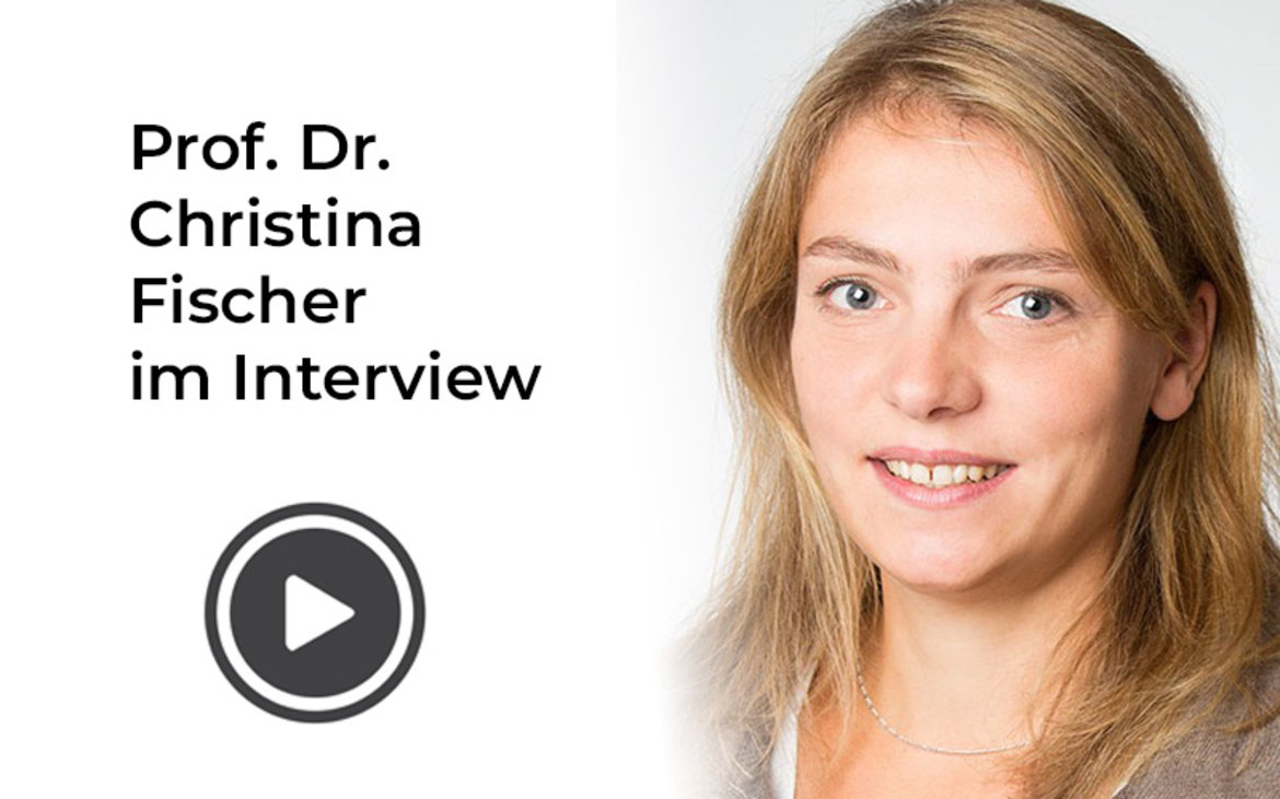 A smiling woman with shoulder-length blonde hair, identified as Prof. Dr. Christina Fischer, is featured in an interview, accompanied by a play button indicating an available video.