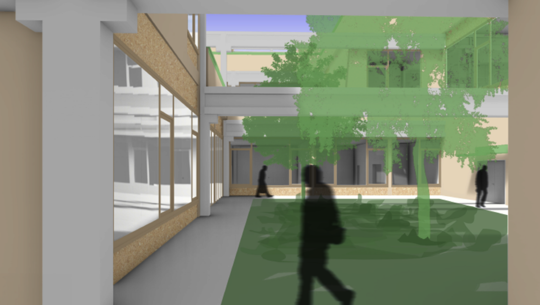 Moderne Schul- oder Bürogänge mit hellen Wänden und großen Glasfronten, die Tageslicht einlassen. Drei Personen gehen auf einem grünen, gepflegten Vorplatz mit Bäumen und Sitzmöglichkeiten. Im Hintergrund ein zweigeschossiger Bau mit Glas- und Holzfassade.
