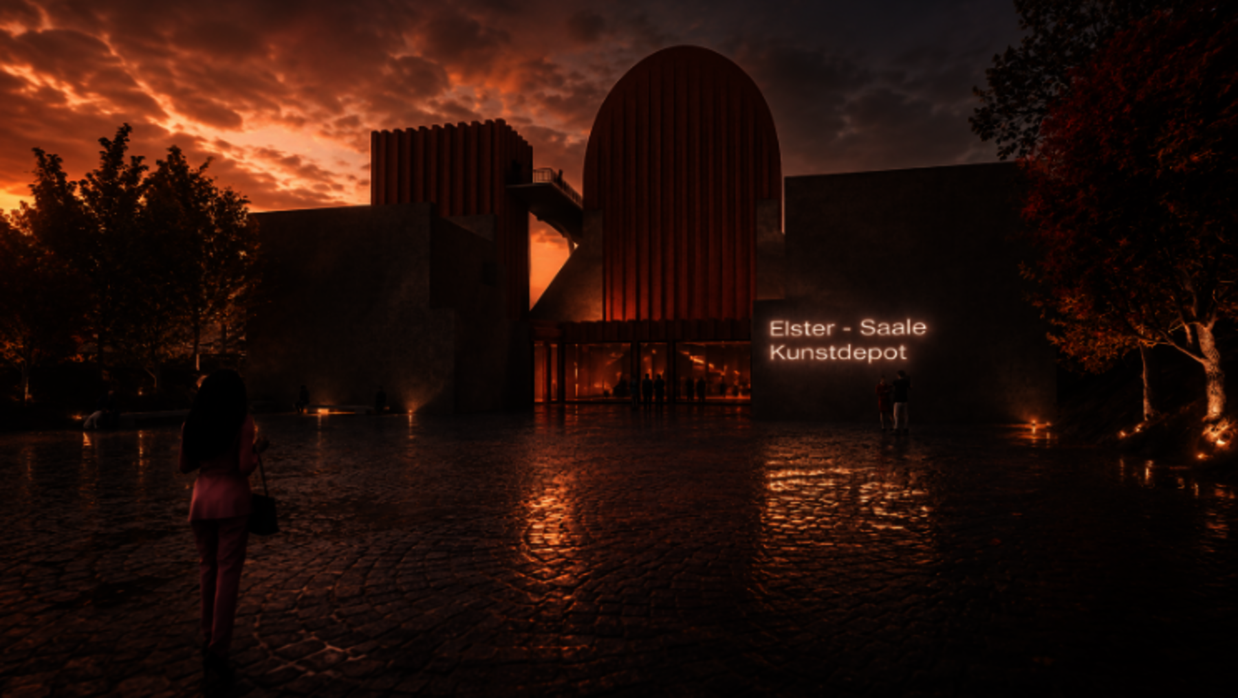 Moderne Architektur eines Kunstdepots mit markanter, ovaler Fassade und zwei schlanken Türmen im Abendlicht. Eine Person steht am Ufer eines Gewässers vor dem Gebäude, das die Aufschrift Elster-Saale Kunstdepot trägt.