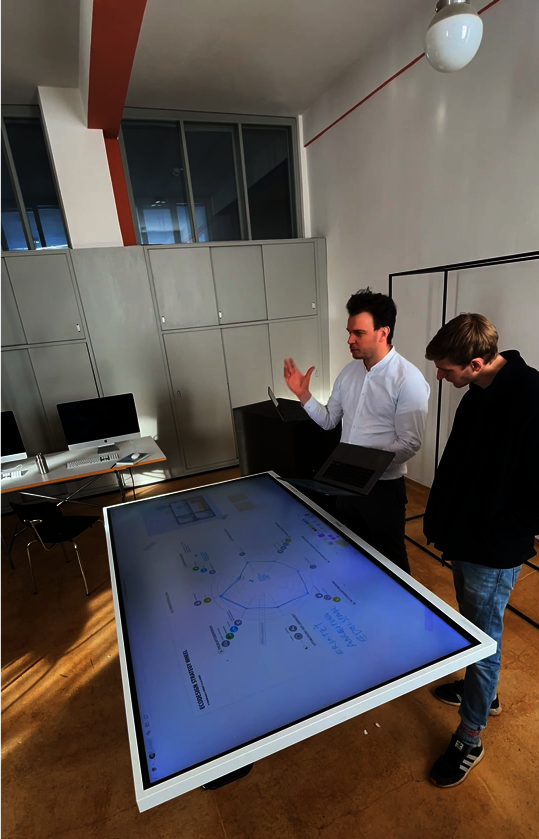 Foto zeigt Martin Wiesner und Studierende im Seminarraum vor einem Design-Entwurf auf großem Bildschirm