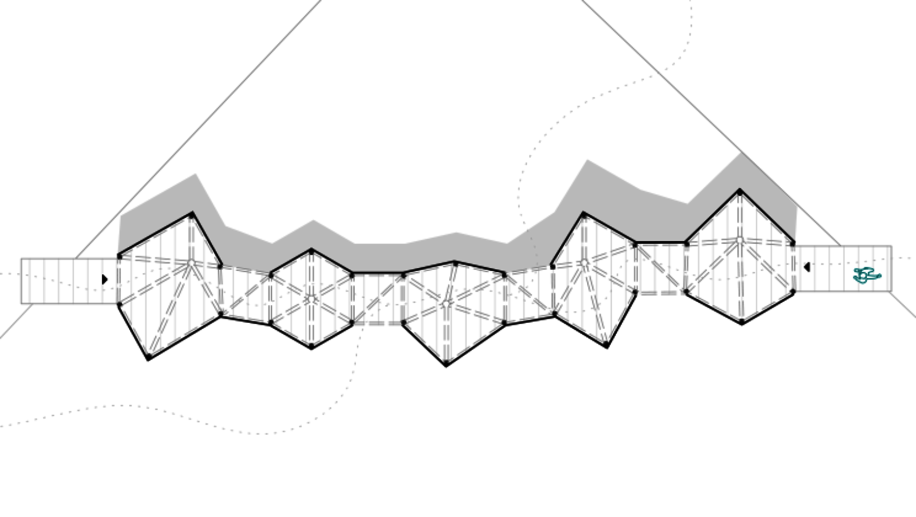 Moderne Fußgängerbrücke mit wellenförmigem, asymmetrischem Dachverlauf und sichtbaren Tragkonstruktionen aus Stahl. Die Brücke überspannt eine Straße mit seitlichen Geländern und zeigt eine dynamische, geometrische Formensprache.