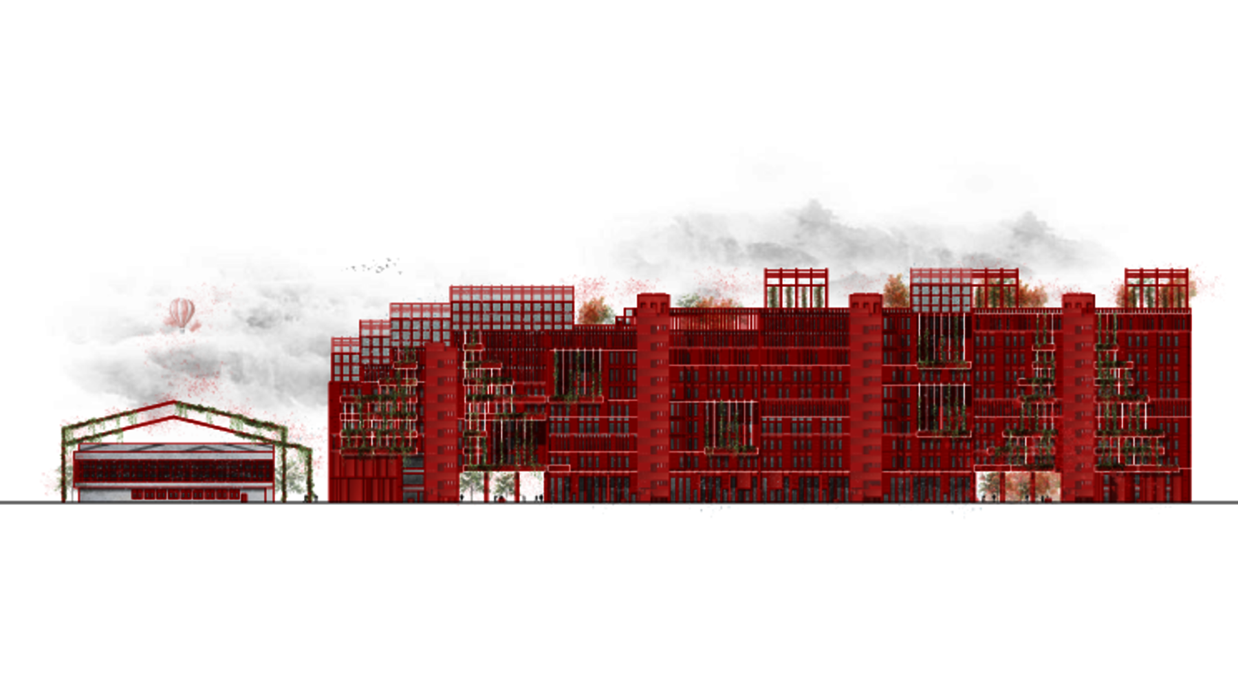Großes, rotes Hochhaus mit vielen Fenstern und Balkonen, das sich nach oben verjüngt. Links daneben ein kleineres, einfaches Gebäude mit Satteldach. Im Hintergrund leichter Dunst oder Wolkenformation.