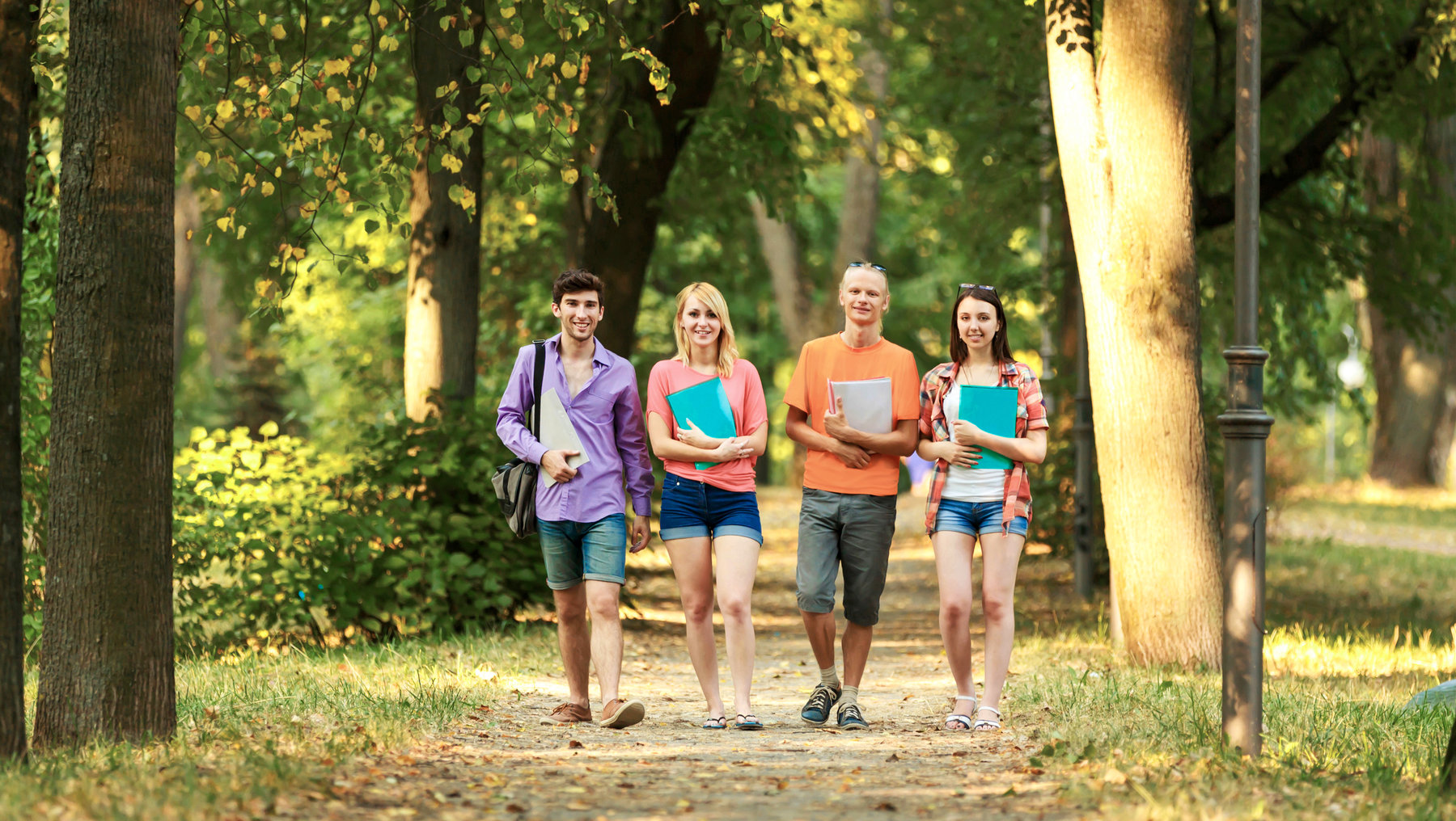 Vier junge Menschen gehen auf einem Waldweg spazieren. Sie halten Bücher in den Händen und wirken entspannt. Die Sonne scheint durch die Bäume, und das Laub liegt auf dem Boden. Die Szene wirkt friedlich und studienfreundlich.