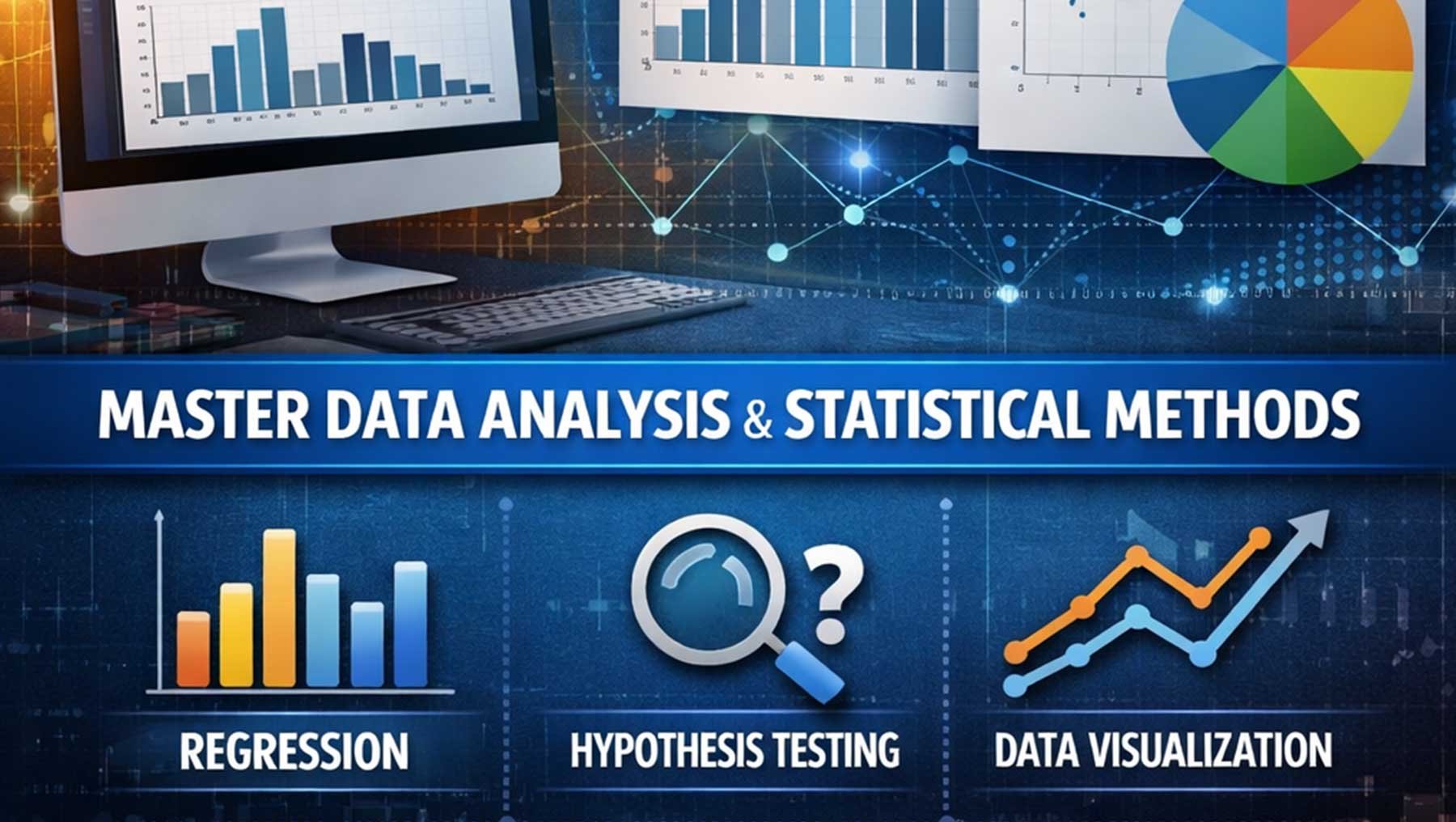 Bild zeigt eine Übersicht zu Datenanalyse und statistischen Methoden mit Fokus auf Regressionsanalyse, Hypothesentests und Datenvisualisierung durch Diagramme, Säulengrafiken und einen Anstieg zeigenden Trend.