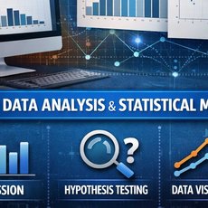 Bild zeigt eine Übersicht zu Datenanalyse und statistischen Methoden mit Fokus auf Regressionsanalyse, Hypothesentests und Datenvisualisierung durch Diagramme, Säulengrafiken und einen Anstieg zeigenden Trend.