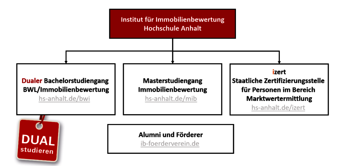 This image presents academic programs from Institut für Immobilienbewertung at Hochschule Anhalt. It offers a dual bachelor’s in Real Estate Management/Valuation, a master’s in Real Estate Valuation, and a state-certified further education program in Real Estate Valuation.不久之后，这些可以联系阿尔麦尼和福尔德俱乐部。