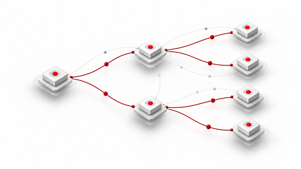 A distribution tree connects source, relay nodes and receivers.