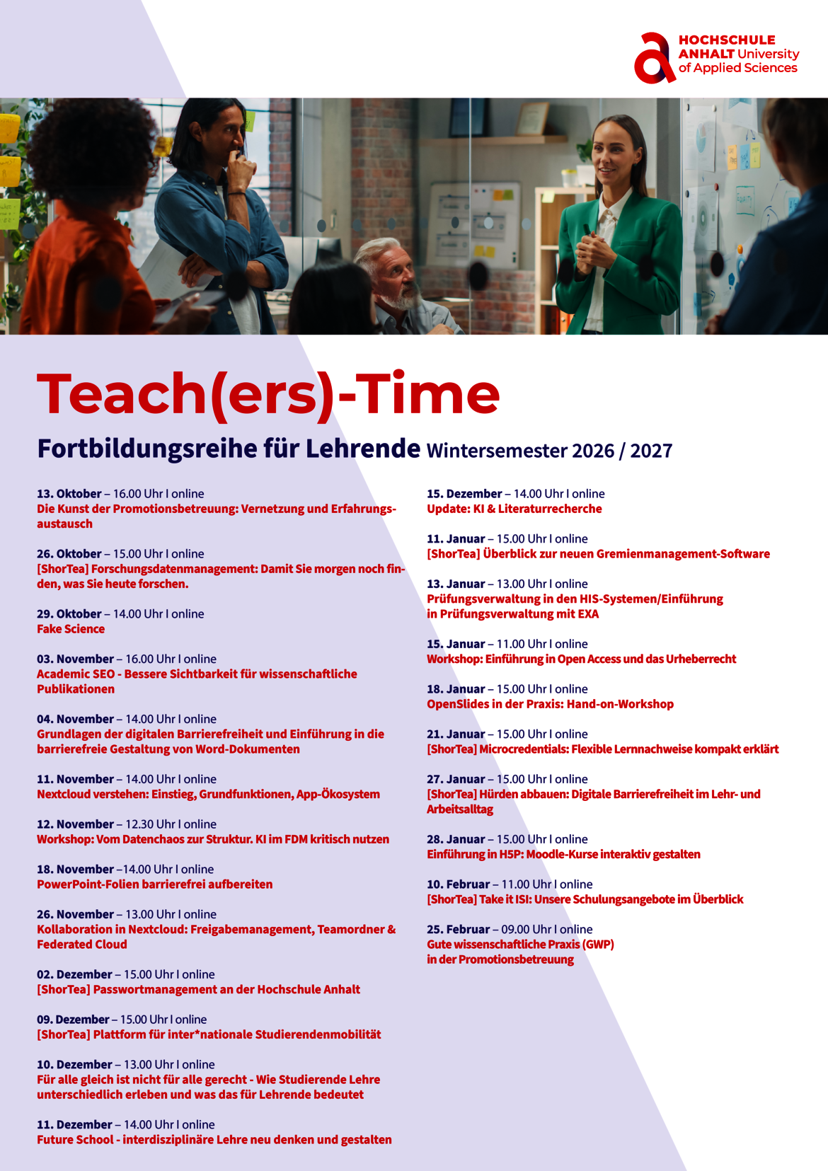 Fortbildungsreihe Teach(ers)-Time für Lehrende im Wintersemester 2026/2027 mit verschiedenen Online-Veranstaltungen zu Themen wie wissenschaftliche Publikationen, Open-Access, Lehrkonzepte, Prüfungsmanagement und digitale Tools. Eine Person hält einen Vortrag vor einem Publikum.