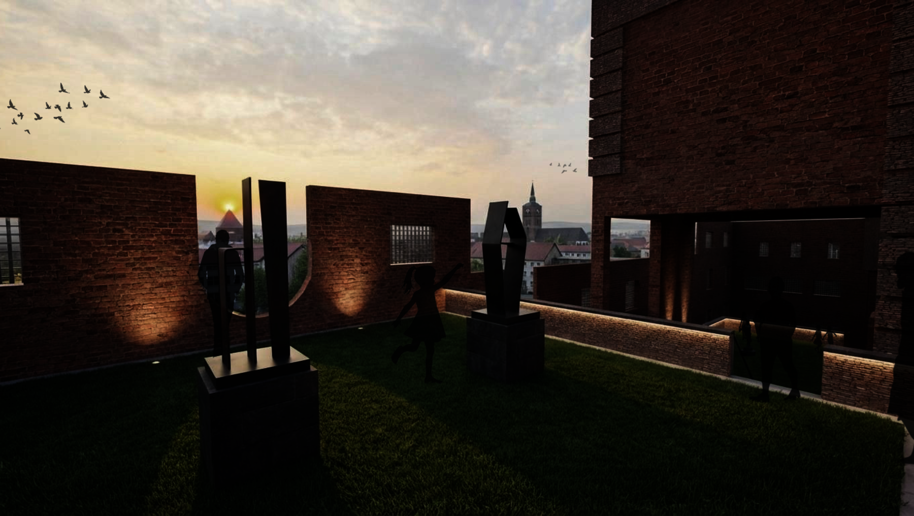 Dachterrasse mit Abendlicht, beleuchtete moderne Sitzgruppe aus Beton und Metall, künstlich begrüntes Plateau, im Hintergrund Stadtpanorama mit Kirchturm und untergehender Sonne, einige Vögel fliegen am Himmel.
