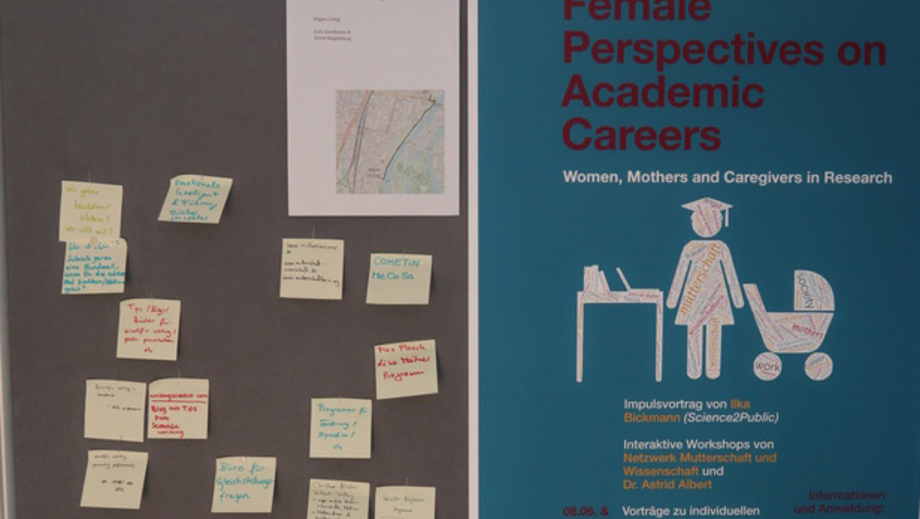 "Ein Poster mit dem Titel 'Female Perspectives on Academic Careers' zeigt eine Frau mit einem Baby und einem Laptop. Es geht um Frauen, Mütter und Pflegepersonen in der Forschung. Daneben sind viele Zettel mit handschriftlichen Notizen an einer Pinnwand befestigt."