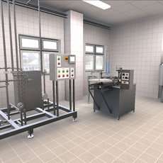 Saubere Produktionshalle mit Edelstahlbehältern und -maschinen, darunter ein großer Rührkessel mit Rohrleitungen, eine Abfüllanlage sowie ein kleinerer Tank. Hygienisch gestaltete Wände und Boden, große Fenster mit Tageslicht.