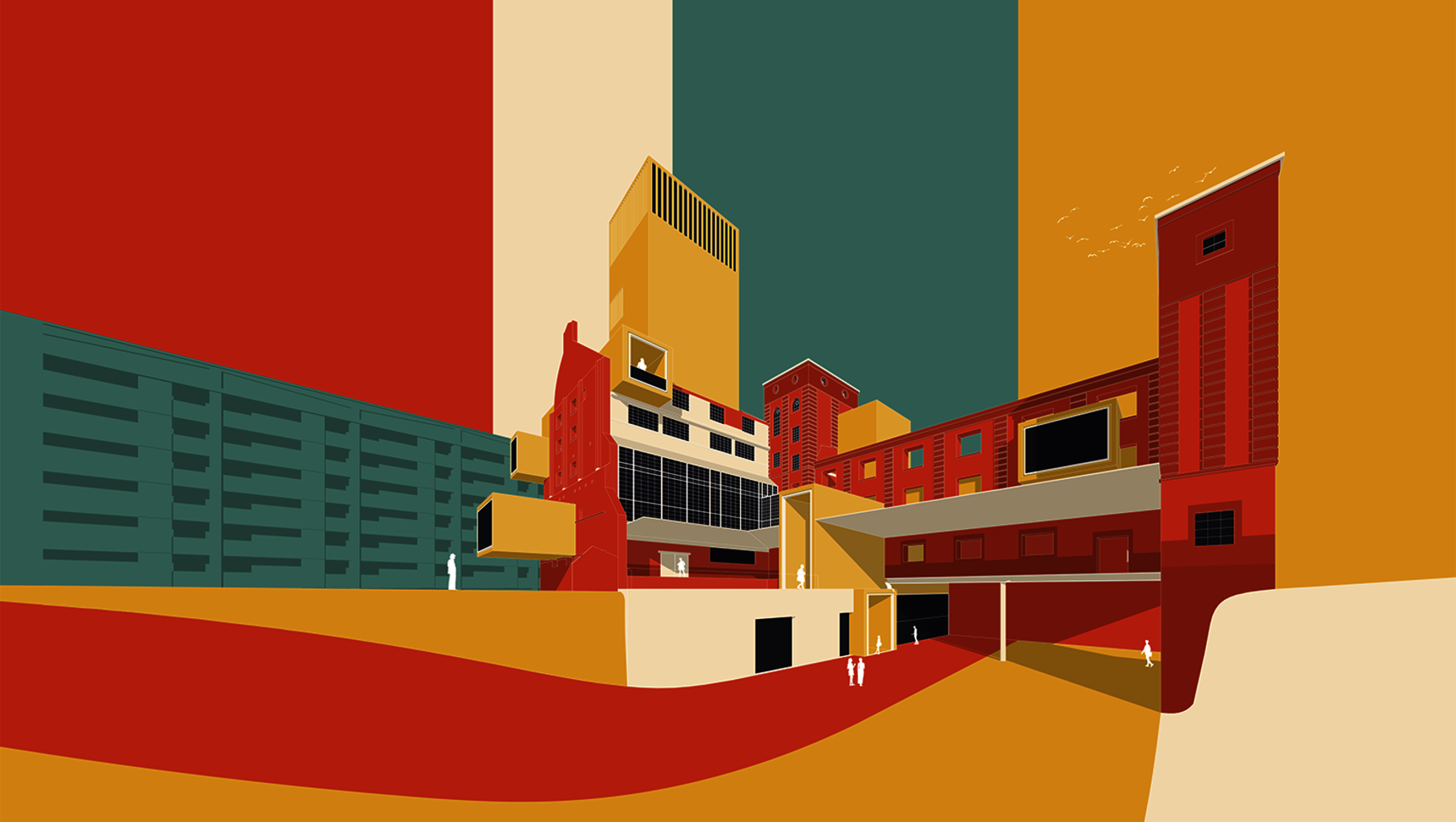Moderne Architektur mit flachen Dächern und klaren Linien, bestehend aus einem zentralen Gebäude mit rotem Turm und angrenzenden Gebäudeflügeln in warmen Farbtönen wie Orange und Gelb. Im Vordergrund eine breite, leicht gewellte Fläche in Rot und Beige.