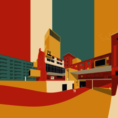 Moderne Architektur mit flachen Dächern und klaren Linien, bestehend aus einem zentralen Gebäude mit rotem Turm und angrenzenden Gebäudeflügeln in warmen Farbtönen wie Orange und Gelb. Im Vordergrund eine breite, leicht gewellte Fläche in Rot und Beige.