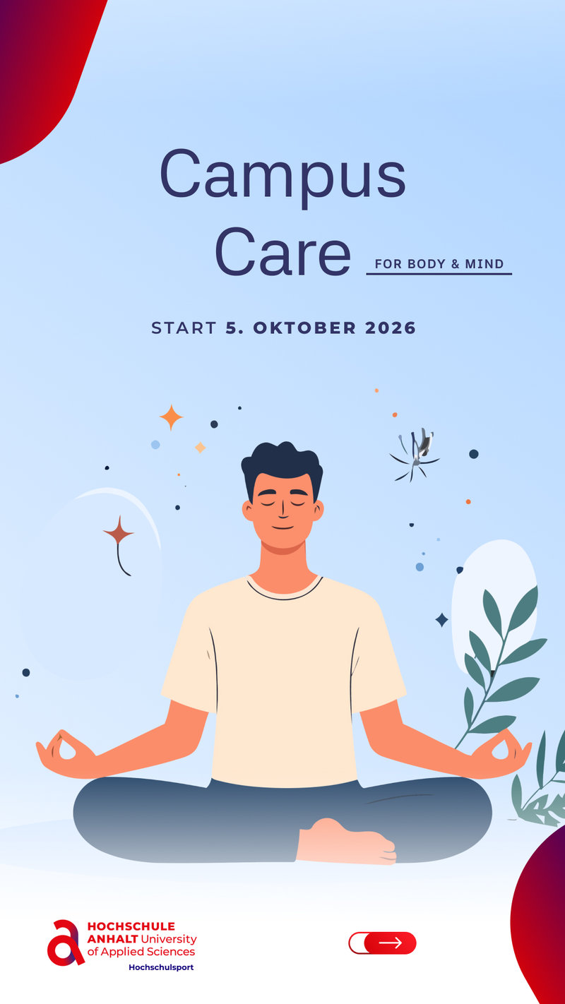 Illustration einer Person in Meditationshaltung mit entspanntem Gesichtsausdruck. Das Plakat wirbt für das Programm Campus Care für Körper und Geist, Start am 5. Oktober 2026.