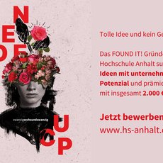 Grafik mit dem Schriftzug „IDEENCUP“ als Hauptmotiv, kombiniert mit einer Person, die einen Blumenkranz trägt. Werbung für einen Gründerwettbewerb der Hochschule Anhalt mit 2.000 Euro Preisgeld für innovative Geschäftsideen.