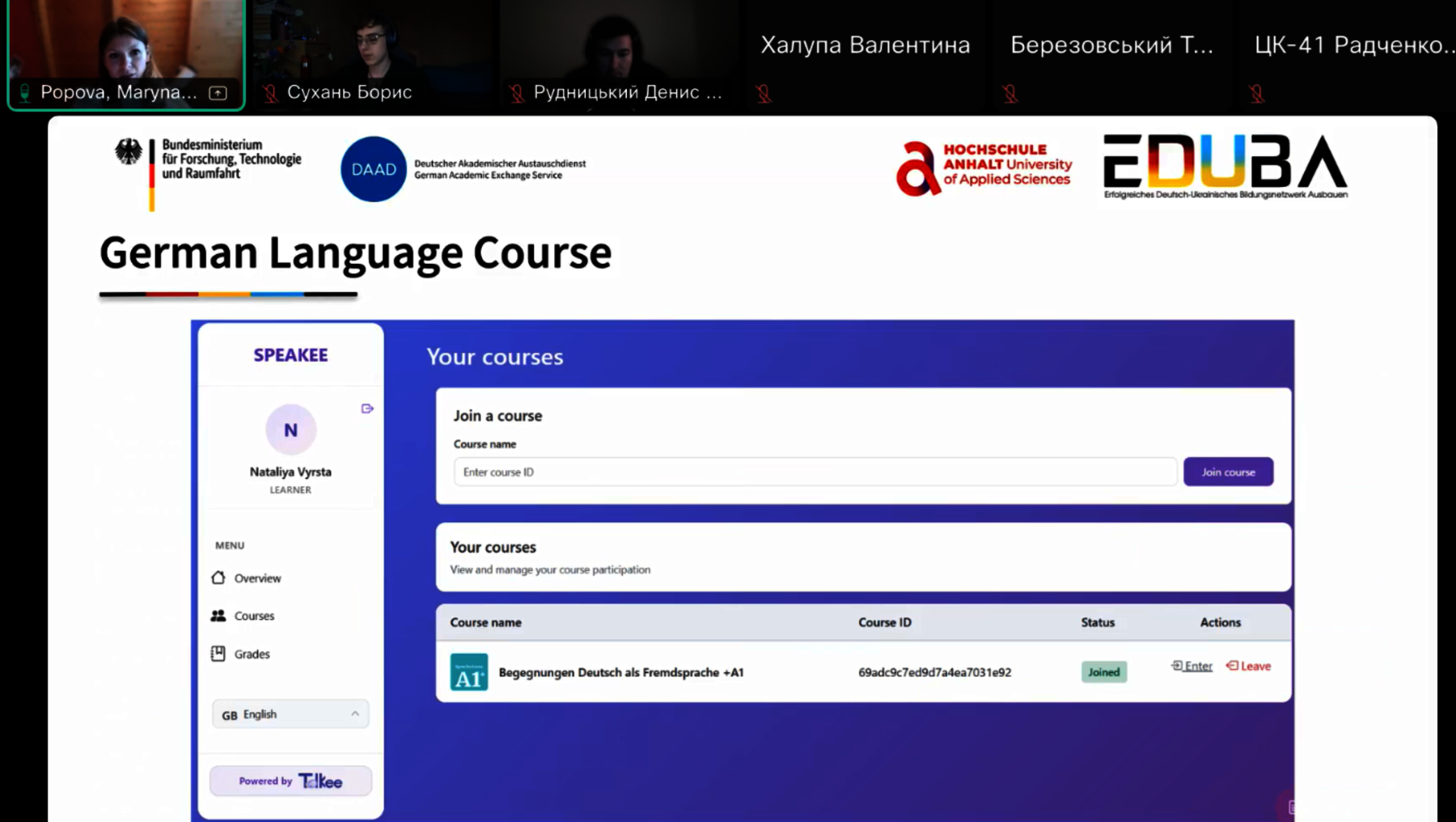 Bildschirmansicht eines Online-Kursportals mit dem Titel „German Language Course“. Gezeigt wird ein Nutzerprofil mit dem Namen Natalia und eine Liste mit einem ausgewählten Deutschkurs namens „Beginner Deutsch als Fremdsprache A1“. Buttons für Kursdetails und Aktionen sind sichtbar.