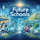 Zukunftsorientierte Schule im Juni: Kinder und Jugendliche lernen mit moderner Technik wie Virtual Reality, Robotik und digitalen Tools, umgeben von nachhaltigen Elementen wie Windrädern und grüner Architektur.