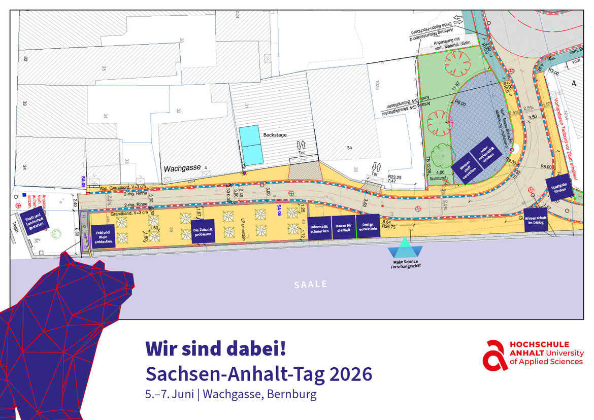 Standortplan der Hochschule Anhalt in Bernburg mit markierten Ausstellungsständen (rot) für den Sachsen-Anhalt-Tag 2026, inklusive Hauptweg, Parkflächen und Gebäuden wie der Wachsaue und dem Hochschulstandort.