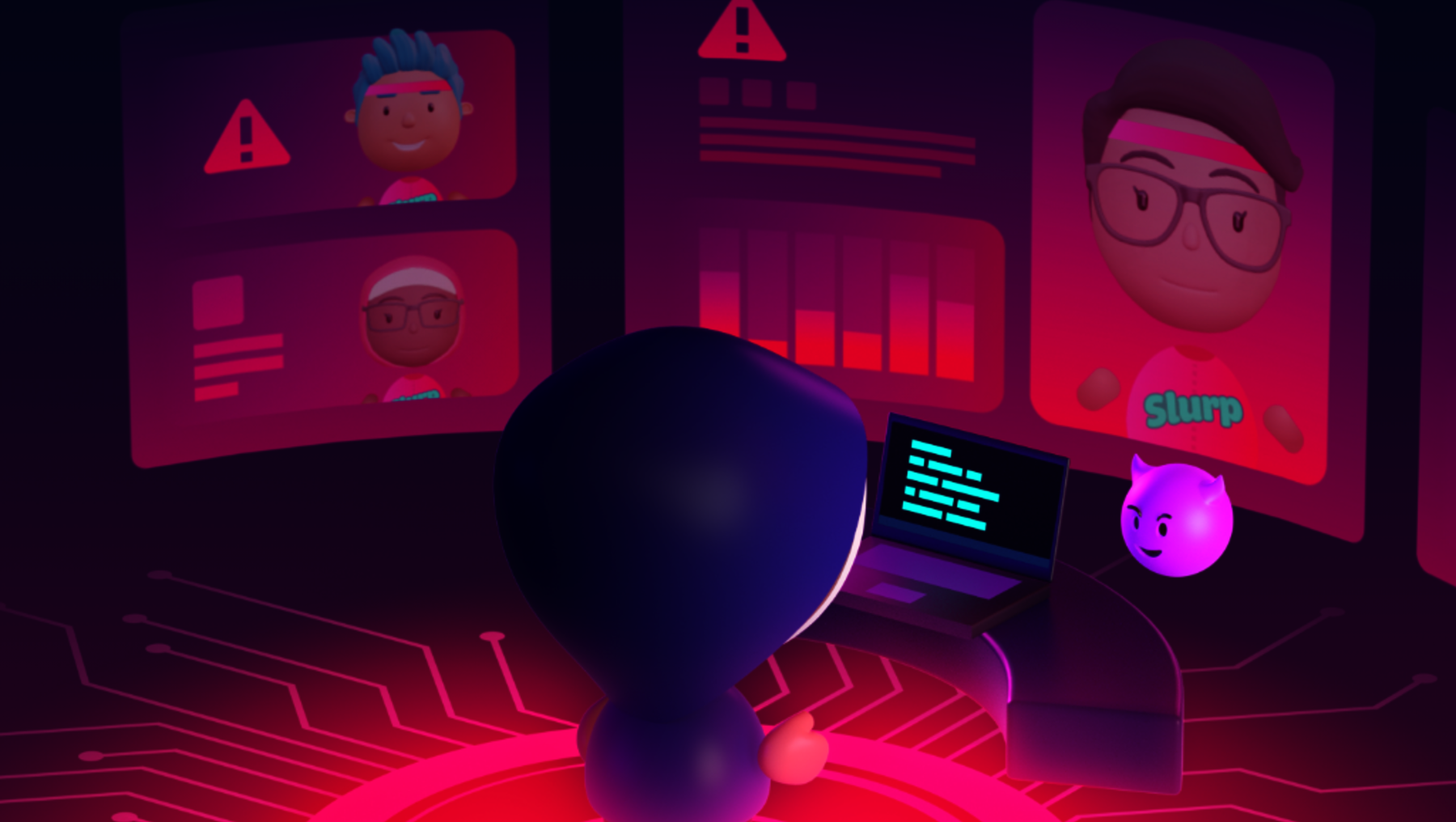 Drei digitale Figuren in einem Videocall: Eine mit Warnsymbol, eine mit Präsentation und eine mit Notizen, während eine vierte Figur mit einem Mikrofon vor einem Laptop sitzt und anscheinend moderiert.