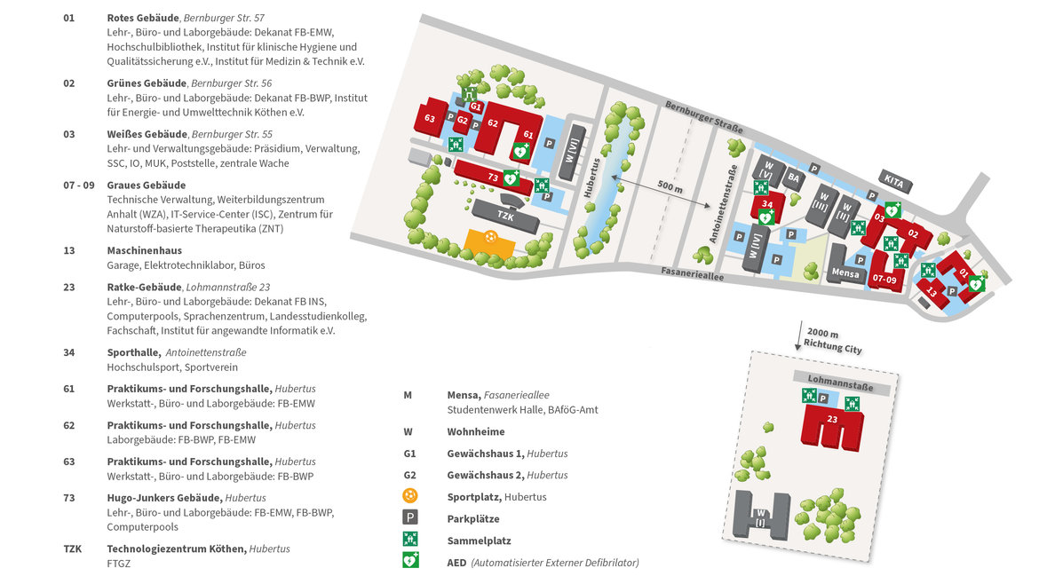 "Campusplan der Universität Leipzig mit Gebäuden, Wegen und Grünflächen. Wichtige Gebäude sind nummeriert und mit Beschreibungen versehen. Legende mit Symbolen für Mensa, Wohnheime, Sportplätze, Parkplätze und AStA. Im Hintergrund ist ein Stadtplanausschnitt von Leipzig zu sehen."