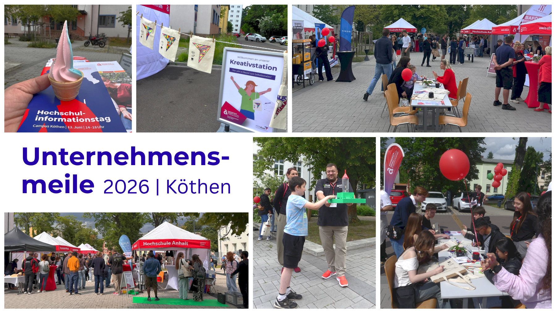 Bildcollage zur Unternehmensmeile 2026 in Köthen mit Infoständen, Menschen beim Netzwerken, einer Person mit Helm und Hammer, die ein Schild hält, sowie Tischen mit Flyern und Ballons.