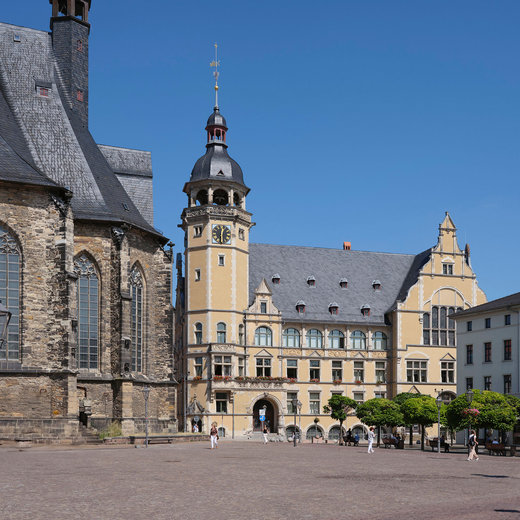 A historic European town square featuring a large, ornate building with a clock tower and a stone church with tall, arched windows. The area is paved and surrounded by trees, with a few people walking around. The sky is clear and blue.