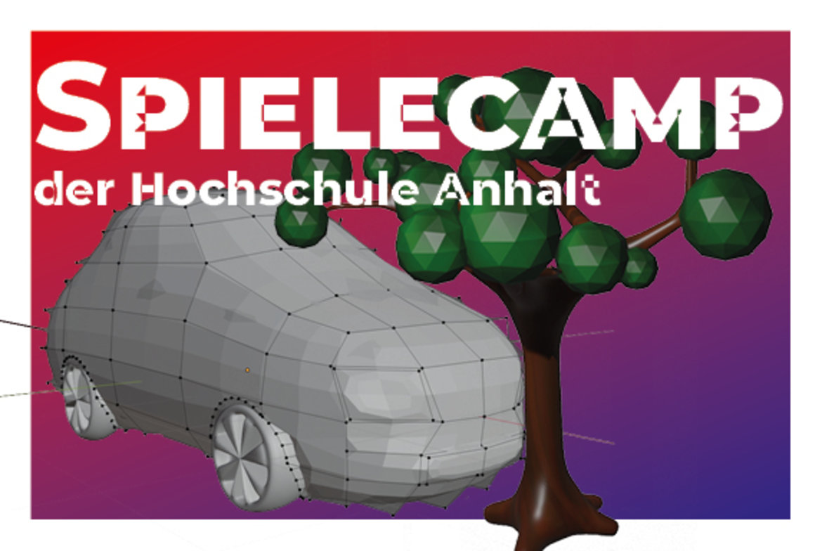 Ein stylisiertes, graues 3D-Modell eines Autos steht unter einem grünen, geometrischen Baum. Der Hintergrund zeigt die Aufschrift „SPIELECAMP der Hochschule Anhalt“.