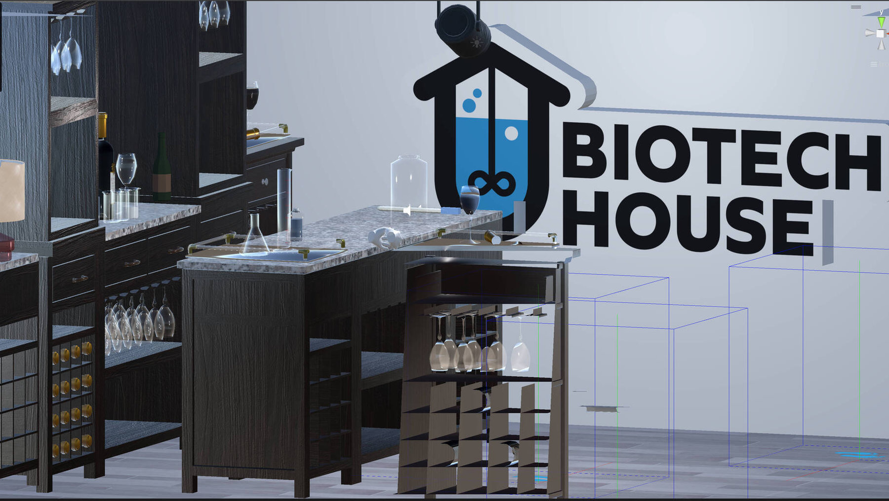 Labor mit Biotech-Thema: Ein Arbeitsplatz mit Laborutensilien wie Reagenzgläsern, Flüssigkeiten in Behältern und einem Logo, das eine Mischung aus Laborgerät und Haus symbolisiert, kombiniert mit dem Schriftzug „Biotech House“.