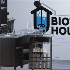 Labor mit Biotech-Thema: Ein Arbeitsplatz mit Laborutensilien wie Reagenzgläsern, Flüssigkeiten in Behältern und einem Logo, das eine Mischung aus Laborgerät und Haus symbolisiert, kombiniert mit dem Schriftzug „Biotech House“.