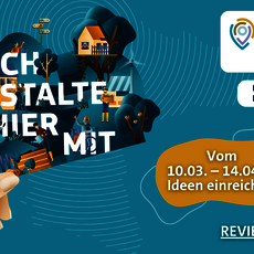 Plakat für den Ideenwettbewerb „Revier!Pionier“ mit dem Fokusthema 2026 „Bildung & Fachkräfte“. Eine Hand hält ein Smartphone mit dem Text „Ich gestalte hier mit“. Einsendung von Ideen vom 10.03. bis 14.04.2026.