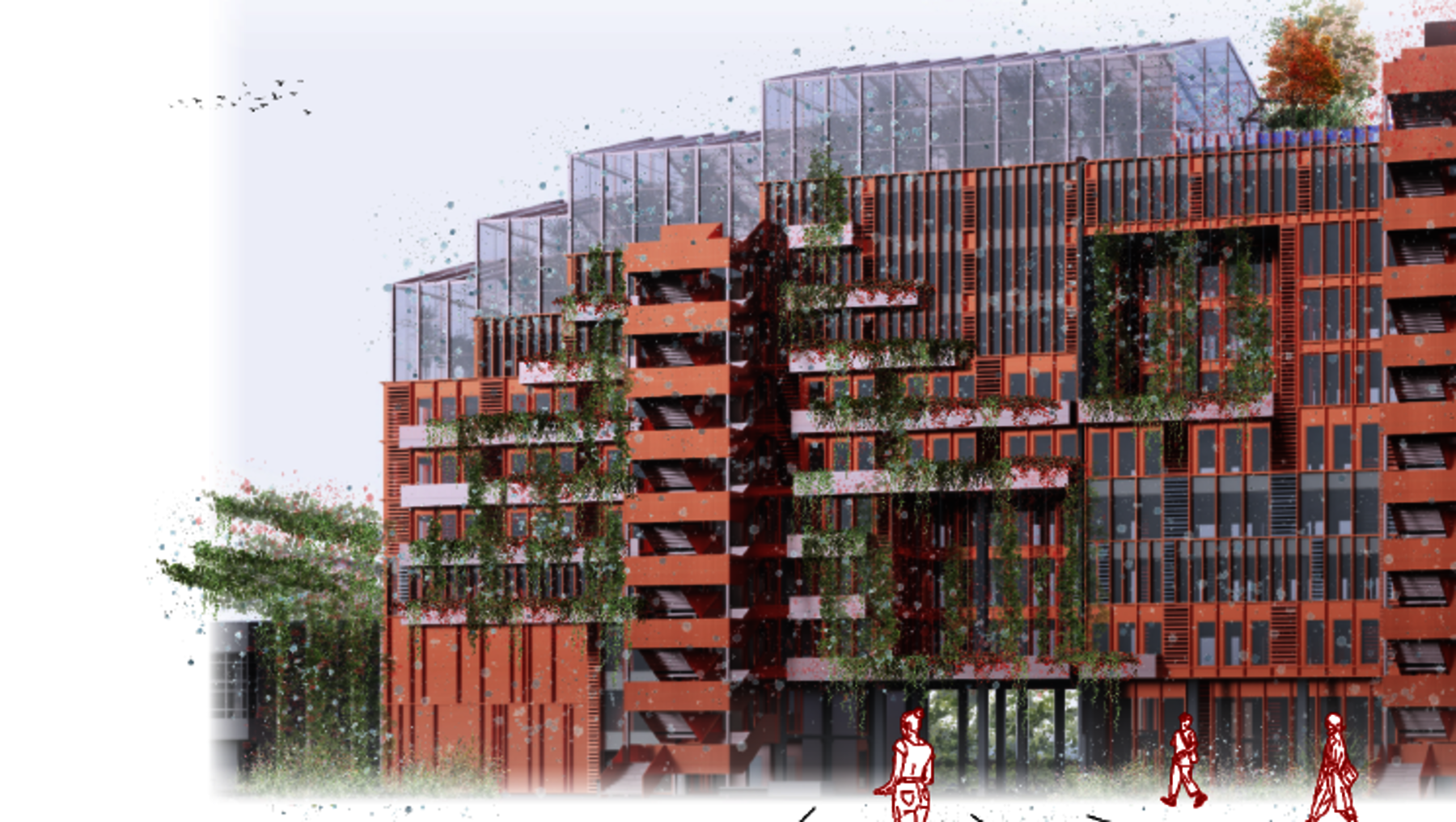 Moderne Wohnanlage mit mehreren Stockwerken, die durch große Glasfronten und rote Brüstungen geprägt ist. Balkone sind mit üppiger Begrünung versehen. Vor dem Gebäude bewegen sich Menschen zu Fuß, einige mit Kinderwagen. Im Hintergrund ein großer Baum und ein parkähnlicher Bereich.