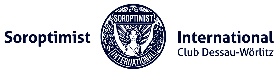 Logo des Soroptimist International Clubs Dessau-Wörlitz mit einem Kreisemblem, das eine Frau mit ausgebreiteten Flügeln zeigt, umgeben von der Aufschrift Soroptimist International.