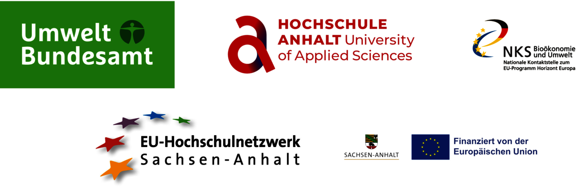 Logozeile mit den Partnern Umweltbundesamt, Hochschule Anhalt – University of Applied Sciences und dem EU-Hochschulnetzwerk Sachsen-Anhalt, finanziert durch die Europäische Union.