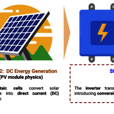 Solarstrahlung trifft auf Solarmodule und erzeugt Gleichstrom (DC) durch Photovoltaikzellen. Ein Wechselrichter wandelt den Gleichstrom in Wechselstrom (AC) um, um ihn ins Stromnetz einzuspeisen.