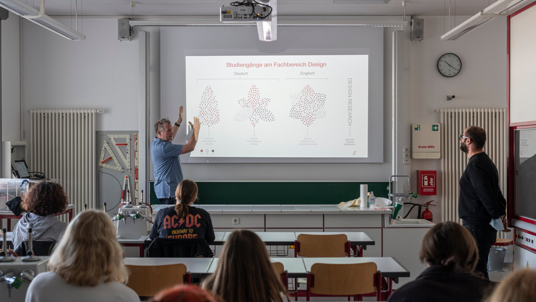 Design-Professor steht vor einer Klasse und erklärt an einer Tafel oder Leinwand ein Diagramm zum Thema „Studiengänge im Fachbereich Design“ mit verschiedenen Studienoptionen wie Bachelor und Master. Die Schüler sitzen ausgestattet mit Schreibutensilien und hören aufmerksam zu.