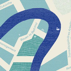 Karte einer Stadt mit Fokus auf ländliche Räume und Stadt für Alle: Eine dicke blaue Kurve verbindet verschiedene Bereiche wie Klimaschutz, innovative Mobilität, Gestaltung und Gemeinschaft, symbolisch für nachhaltige und vernetzte Stadtentwicklung.
