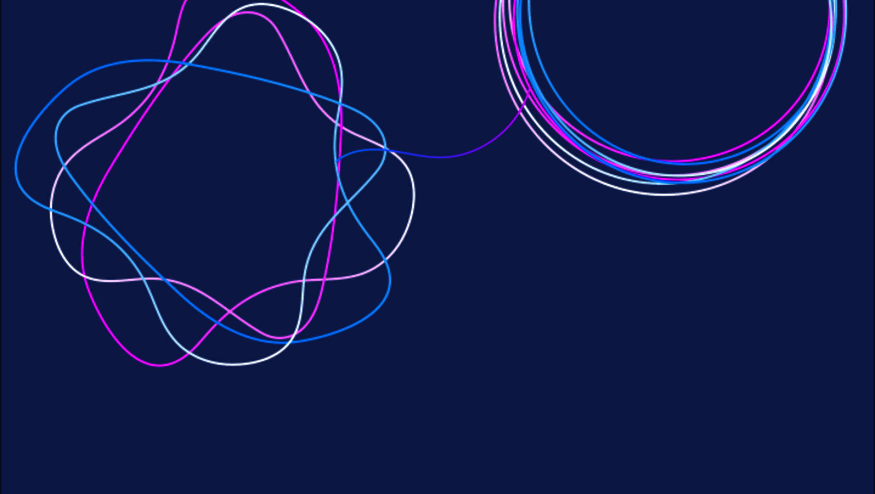 Zwei geometrische Formen aus sich überlagernden, farbigen Linien: links ein komplexes, verschlungenes Gebilde, rechts ein glatter, kreisförmiger Ring, beide in Blau-, Pink- und Weißtönen.