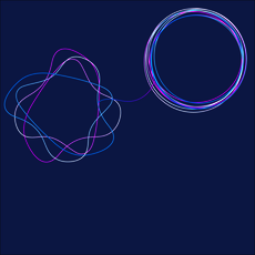 Zwei geometrische Formen aus sich überlagernden, farbigen Linien: links ein komplexes, verschlungenes Gebilde, rechts ein glatter, kreisförmiger Ring, beide in Blau-, Pink- und Weißtönen.