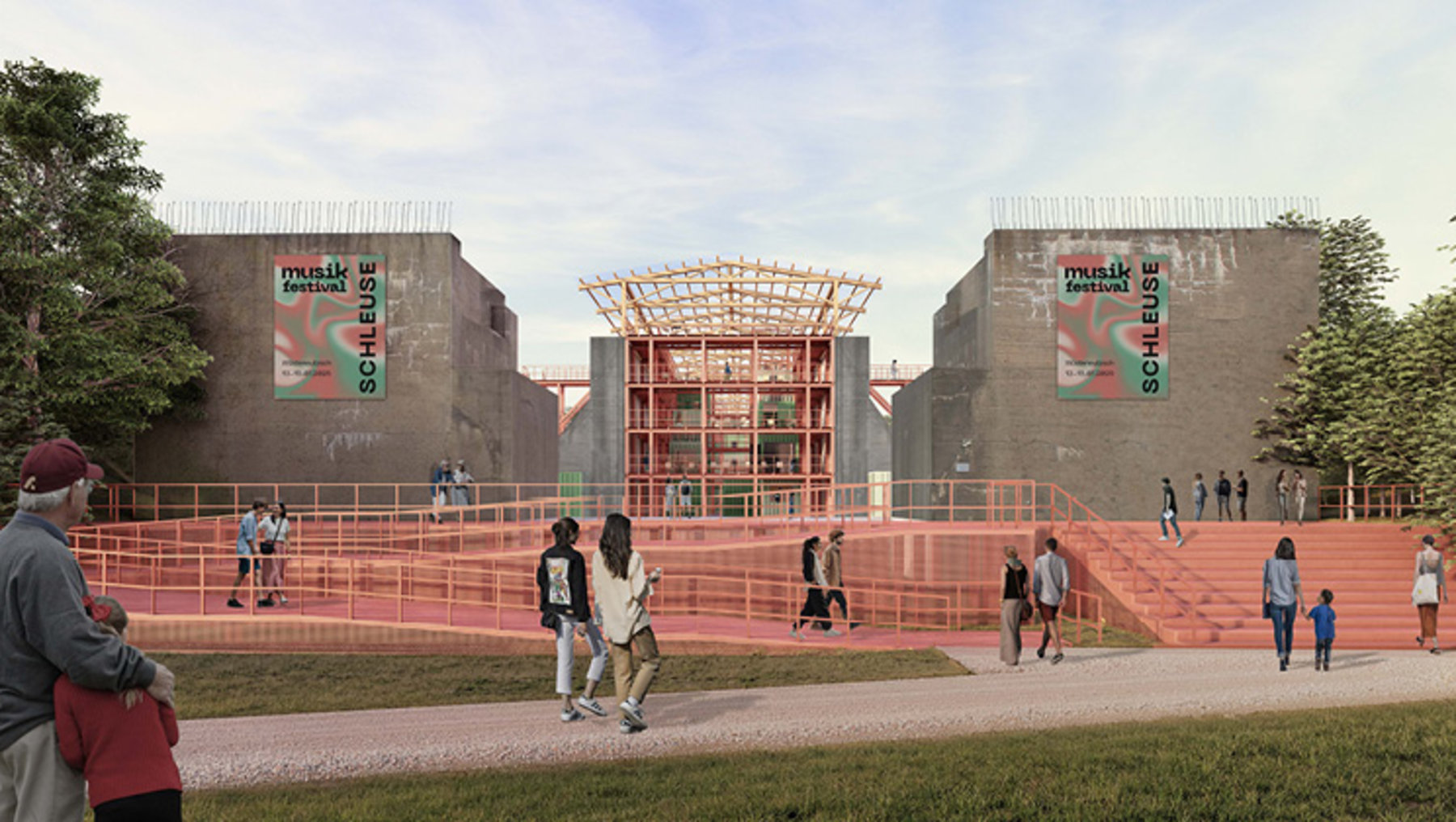 Moderne Ausstellungshalle mit zwei großen Betonpfeilern, dazwischen ein offener Eingangsbereich mit Holzgerüst. Menschen spazieren auf einem roten Weg vor dem Gebäude, das Banner mit dem Namen „Museum“ trägt.