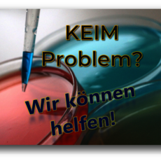 Laborprobe mit Pipette in zwei Reagenzgläsern, eines rot, eines blau – Text: „KEIM Problem? Wir können helfen!“